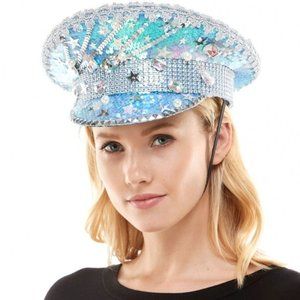 Blue Silver Steampunk Costume Jewelry Captain Cap Ocean Themed Party Hat